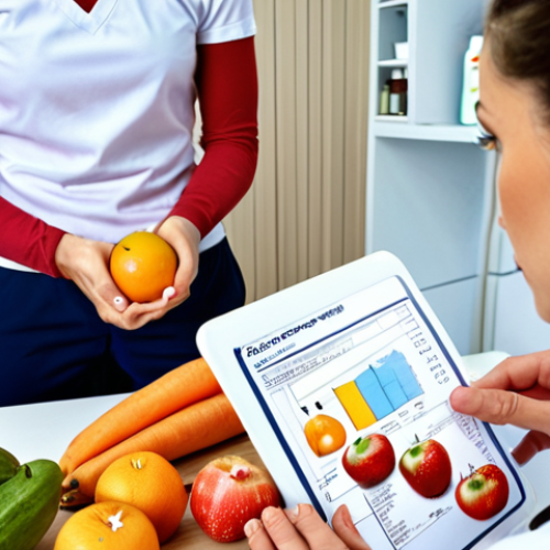 **

A sporty person in physiotherapy, working with a therapist. In the background, a nutritionist consults on a personalized plan. There are fresh foods like fruits, vegetables, lean protein, and supplements.

**