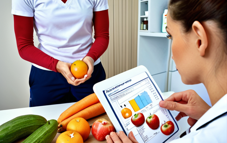**
A sporty person in physiotherapy, working with a therapist. In the background, a nutritionist consults on a personalized plan. There are fresh foods like fruits, vegetables, lean protein, and supplements.
**