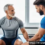 Home 15 스포츠재활 실무에서 흔히 겪는 문제 - A professional physical therapist attentively observing a middle-aged male athlete during a personal...