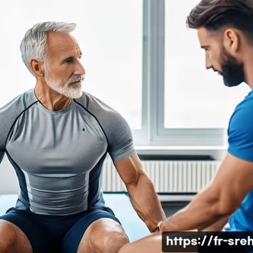 Home 27 스포츠재활 실무에서 흔히 겪는 문제 - A professional physical therapist attentively observing a middle-aged male athlete during a personal...