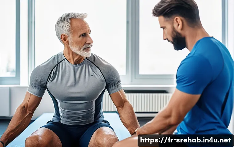 스포츠재활 실무에서 흔히 겪는 문제 - A professional physical therapist attentively observing a middle-aged male athlete during a personal...