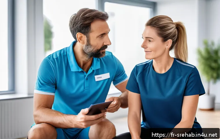 스포츠재활 분야의 여성 전문가 성공 사례 - A compassionate female physiotherapist attentively listening to a middle-aged male runner in a moder...